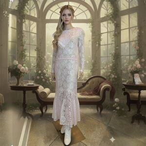 VTG Sheer Lace Drop Waist Maxi Dress 10 Bridal Victorian Romantic Fairy Regency